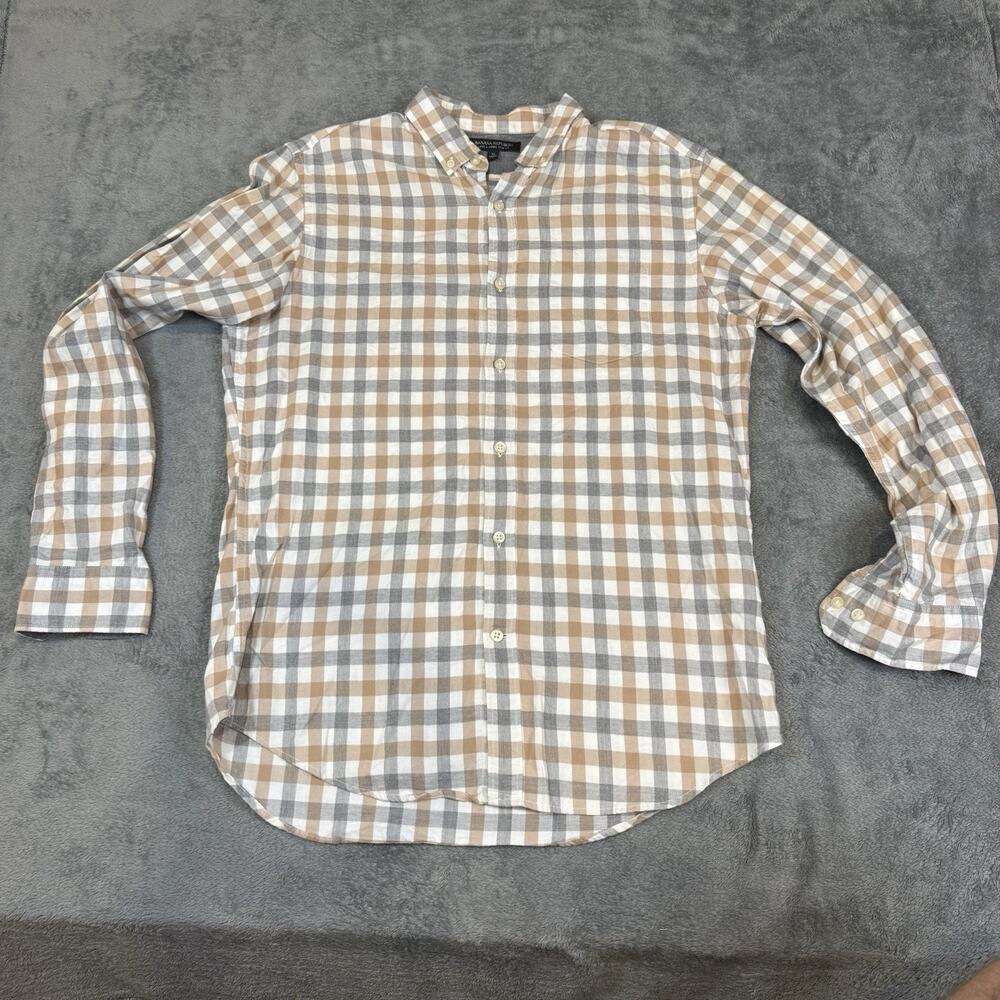 Banana Republic Brown tan blue check button down shirt Size M